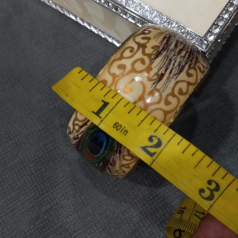 Vintage Peacock Feather Brass & Cloisonné Chunky Bangle Bracelet Boho